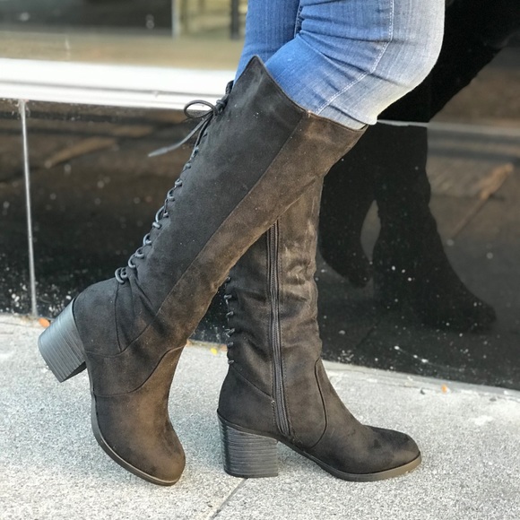 Back Lace-Up Chunky Heeled Knee High Boots - Picture 3 of 5